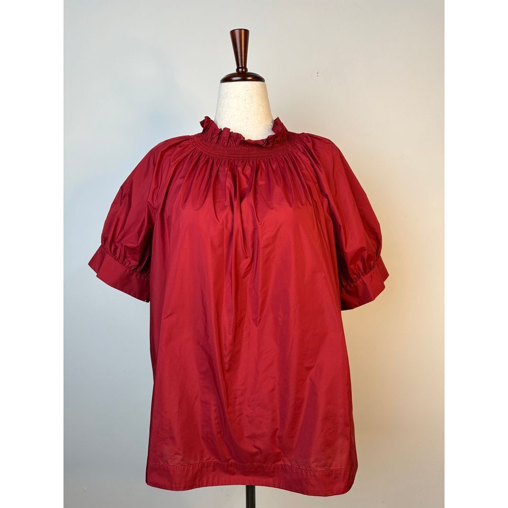 Antonio Melani Frieda Taffeta Short Puffed Sleeve Smocked Mock Neck Blouse Sz 14